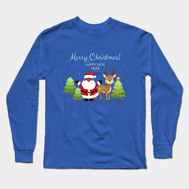 Merry christmas and happy new year greeting card. Black santa, deer, trees, stars, snow. African American Santa. Long Sleeve T-Shirt by IriSev